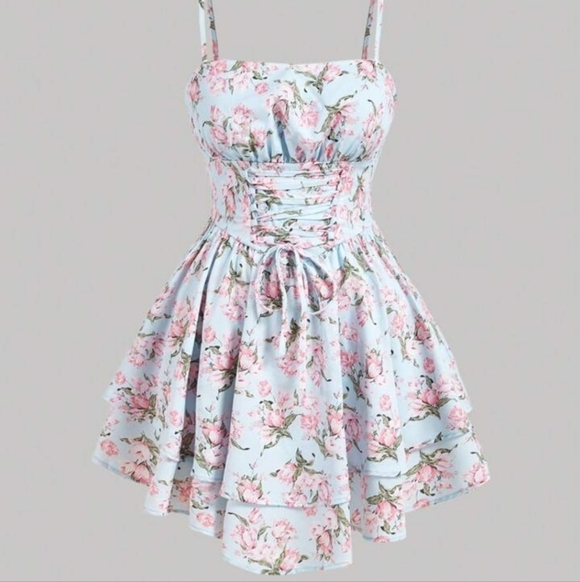 SHEIN Dresses & Skirts - Shein MOD light blue pink ditsy floral lace up strapless mini dress